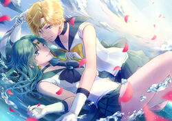  2girls aqua_hair arm_support bishoujo_senshi_sailor_moon blonde_hair blue_choker blue_eyes blue_sailor_collar blue_skirt bow brooch choker closed_mouth cloud collarbone commentary_request day deep_aqua_mirror dutch_angle earrings gloves green_eyes green_hair hair_between_eyes holding holding_sword holding_weapon jewelry kaiou_michiru koyami_tsukito long_hair looking_at_viewer lying magical_girl miniskirt motion_blur multiple_girls on_back on_side outer_senshi parted_bangs partially_submerged petals pleated_skirt sailor_collar sailor_neptune sailor_senshi sailor_senshi_uniform sailor_uranus shade short_hair skirt sky sleeveless smile space_sword sparkle swept_bangs sword ten&#039;ou_haruka tiara very_short_hair water weapon white_gloves yellow_bow yuri 