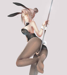  :q animal_ears ass between_legs breasts brown_hair commentary_request detached_collar feet female fingernails fishnet_pantyhose fishnets from_behind from_below hair_bun hand_between_legs highres large_breasts legs leotard nail_polish original pantyhose playboy_bunny pole rabbit_ears rabbit_tail red_eyes rokusai sideboob single_hair_bun solo tail thighs toes tongue tongue_out wrist_cuffs 