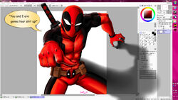  1boy abs arm_support artist_name bad_deviantart_id bad_id belt bodysuit comic_sans commentary deadpool deadpool_(series) english_text fourth_wall highres jazz_jack korean_text looking_at_viewer male_focus marvel mask metro_2033 microsoft_windows muscular painttool_sai pointing pointing_at_viewer shadow skullgirls solo steam_(platform) sword uneven_eyes utility_belt weapon 