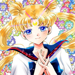  bishoujo_senshi_sailor_moon bishoujo_senshi_sailor_moon_stars blonde_hair blue_bow blue_eyes blue_sailor_collar bow closed_mouth colored_eyelashes commentary_request crescent crescent_facial_mark double_bun facial_mark female floral_background flower forehead_mark hair_bun hoshikuzu_(milkyway792) juuban_high_school_uniform long_hair looking_at_viewer mismatched_eyelashes own_hands_together parted_bangs sailor_collar school_uniform serafuku smile solo tsukino_usagi twintails upper_body 