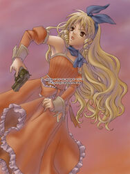  ascot blonde_hair blue_ascot bow breasts brown_eyes detached_sleeves dress drill_hair female hair_ribbon hairband jane_maxwell long_hair medium_breasts open_mouth orange_dress orange_sleeves oto_nagi ribbon sidelocks solo source_request waist_bow wild_arms wild_arms_1 