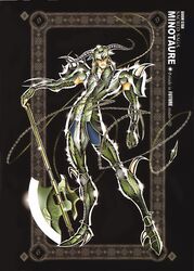  1boy armor armored_boots artist_name axe black_hair blue_eyes boots character_name future_studio_(artist) helmet highres horns male_focus minotauros_gordon saint_seiya solo weapon 