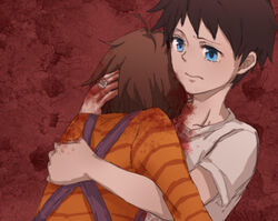  2boys black_hair blood blood_on_clothes blood_on_face blue_eyes brown_hair commentary_request crying death flower holding hug jewelry mizuoka_yuuichi multiple_boys photoshop_(medium) re:kinder red_background ring rose shiro1991 shirt short_hair spoilers striped_clothes striped_shirt suspenders takano_shunsuke tears white_flower white_rose white_shirt 