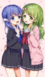  2girls :d bad_id bad_pixiv_id black_serafuku black_shirt black_skirt blue_eyes blue_hair blue_neckerchief blush bow cardigan commentary_request fingernails green_eyes green_hair hairbow hand_on_another&#039;s_waist hand_up jewelry long_hair long_sleeves looking_at_viewer morinaka_kazaki morinaka_kazaki_(4th_costume) multiple_girls nail_polish neckerchief necklace nijisanji open_cardigan open_clothes open_mouth pink_background pink_bow pink_cardigan pink_nails pleated_skirt red_neckerchief sailor_collar school_uniform serafuku shirt skirt sleeves_past_wrists smile v virtual_youtuber white_sailor_collar yamabukiiro yuuki_chihiro yuuki_chihiro_(2nd_costume) 