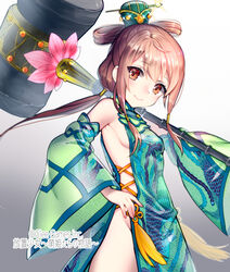  breasts china_dress chinese_clothes commentary_request company_name copyright_name cowboy_shot dress female gradient_background green_dress groin hair_tubes hammer holding holding_hammer holding_weapon houchi_shoujo long_hair looking_at_viewer official_art pelvic_curtain ponytail sideboob sidelocks small_breasts solo tamaki_mitsune thighs watermark weapon 