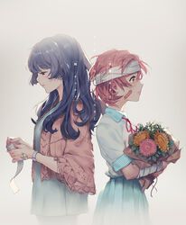  2girls back-to-back bandaged_arm bandaged_head bandages bandaid bandaid_on_face bandaid_on_hand beige_background black_hair blue_skirt blush border bouquet brown_eyes brown_jacket closed_mouth collared_shirt commentary_request cowboy_shot dress ekao eyebrows fading_border flower from_side grey_dress half-closed_eyes holding holding_flower injury jacket lips long_hair looking_afar multiple_girls ootori_chacha open_clothes open_jacket photoshop_(medium) pleated_skirt profile red_hair red_ribbon ribbon shirt short_hair short_sleeves simple_background skirt tokyo_7th_sisters translation_request watch white_shirt wing_collar wristwatch yamai_sawori 