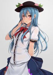  black_hat black_skirt blue_hair blush bow bowtie breasts closed_mouth commentary_request cowboy_shot dress_shirt female food frills frown fruit hair_between_eyes hat hinanawi_tenshi leaf long_hair medium_breasts opanchu_(hakusen) peach puffy_short_sleeves puffy_sleeves rainbow_order red_bow red_bowtie red_eyes shirt short_sleeves sidelocks skirt solo sweat touhou white_shirt 