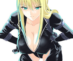  annoyed aqua_eyes arm_strap bad_id bad_pixiv_id bent_over blonde_hair bodysuit breasts cleavage covered_nipples cowboy_shot female gloves hair_between_eyes hands_on_own_hips hanging_breasts huge_breasts long_hair nancy_lee ninja_slayer ponytail_korosuke sidelocks simple_background solo white_background 