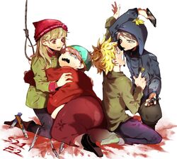  3boys animification beanie black_hair blonde_hair blood blue_eyes blue_jacket brown_hair cellphone chullo coat commentary_request couple craig_tucker eric_cartman fat female fidget_spinner fuuga_(perv_rsity) gloves green_coat green_shirt hat heidi_turner highres jacket long_hair messy_hair multiple_boys noose obese open_mouth phone red_jacket shirt short_hair smartphone south_park straight tears tweek_tweak yaoi 