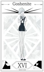  1other androgynous bare_arms bare_legs black_footwear black_necktie black_shorts border character_name cojima collared_shirt commentary_request crossed_ankles dated full_body gem_(symbol) gem_uniform_(houseki_no_kuni) goshenite_(houseki_no_kuni) grey_eyes head_tilt houseki_no_kuni looking_at_viewer necktie other_focus pale_skin roman_numeral shirt shoes short_hair short_sleeves shorts solo standing suspender_shorts suspenders thigh_gap uniform white_hair white_shirt 