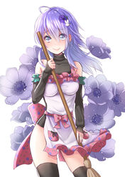  anemone_(flower) anemone_(flower_knight_girl) apron arm_warmers black_thighhighs blue_eyes bow breasts broom commentary_request cowboy_shot female floral_background flower flower_knight_girl hair_flower hair_ornament holding holding_broom impossible_clothes kusumoto_miya long_hair looking_at_viewer medium_breasts name_connection object_namesake pink_bow purple_flower purple_hair rabbit_hair_ornament smile solo standing thighhighs waist_bow 