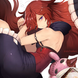  anna_(granblue_fantasy) bare_back bare_shoulders black_skirt bracelet breakfast commentary_request corset female food frills granblue_fantasy hair_over_one_eye jewelry long_hair looking_at_viewer plate purple_eyes red_hair signature skirt solo sts stuffed_toy twitter_username waking_up wavy_mouth 