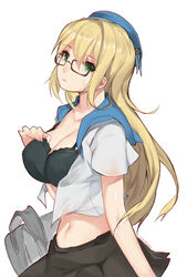  alternate_costume atago_(kancolle) beret bespectacled black-framed_eyewear black_bra black_skirt blonde_hair bra breasts commentary female glasses green_eyes hat kantai_collection large_breasts long_hair looking_at_viewer mukka open_clothes school_uniform serafuku simple_background skirt solo sweat underwear upper_body white_background 