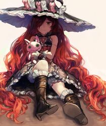  anna_(granblue_fantasy) armlet bare_shoulders bloomers boots candle commentary_request dress female frills full_body granblue_fantasy hair_over_one_eye hat long_hair looking_at_viewer red_hair sha_(isago) sitting solo stuffed_animal stuffed_cat stuffed_toy underwear very_long_hair wavy_hair witch_hat yellow_eyes 