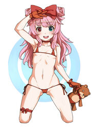  aqua_eyes bikini blush caee_penguin commentary_request double_bun female flat_chest gloves granado_espada hair_bun hair_ribbon heterochromia highres kneeling leg_ribbon long_hair looking_at_viewer micro_bikini navel open_mouth photoshop_(medium) pink_hair red_eyes ribbon side-tie_bikini_bottom smile solo stuffed_animal stuffed_toy swimsuit teddy_bear thigh_ribbon v 