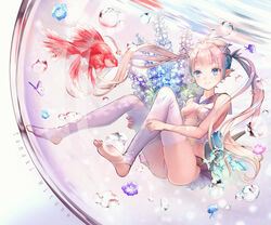  air_bubble artist_name blonde_hair blue_eyes blush bubble closed_mouth commentary_request female fish flower goldfish highleg highleg_swimsuit in_container long_hair looking_at_another one-piece_swimsuit original sailor_collar sidelocks smile soles solo swimsuit tamaki_mitsune thighhighs toeless_legwear twintails white_thighhighs 