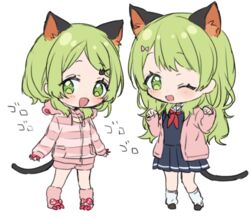  2girls :d ;d animal_ear_fluff animal_ears bad_id bad_pixiv_id black_footwear black_serafuku black_shirt black_skirt blush boots cardigan cat_ears cat_girl cat_tail chibi commentary_request dual_persona full_body green_eyes green_hair hands_up hood hood_down hooded_jacket jacket long_hair long_sleeves loose_socks lowres morinaka_kazaki morinaka_kazaki_(1st_costume) morinaka_kazaki_(4th_costume) multiple_girls nijisanji one_eye_closed open_cardigan open_clothes open_mouth paw_pose pink_cardigan pink_footwear pink_shorts pleated_skirt sailor_collar school_uniform serafuku shirt short_shorts shorts skirt sleeves_past_wrists smile socks standing striped_clothes striped_jacket swept_bangs tail very_long_hair virtual_youtuber white_legwear white_sailor_collar yamabukiiro 