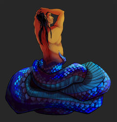  2017 5_fingers apode bare_back black_hair blue_body blue_scales digital_media_(artwork) draconcopode fingers grey_background hair hands_behind_head lamia legless looking_at_viewer looking_back male nude orange_body orange_skin rear_view reptile scales scalie serpentine simple_background snake solo split_form yeenr 