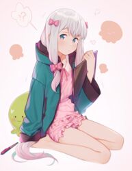  ? ?? arm_at_side bare_legs barefoot blush bow commentary_request drawing_tablet eromanga_sensei female frills full_body green_jacket hairbow highres holding hood hood_down hooded_jacket izumi_sagiri jacket long_hair long_sleeves looking_at_viewer low-tied_long_hair open_clothes open_jacket pajamas pink_background pink_bow puff_of_air simple_background sitting sleeves_past_wrists solo stuffed_animal stuffed_octopus stuffed_toy stylus tareme very_long_hair weyowang white_hair yokozuwari 