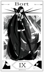  1other absurdly_long_hair androgynous border bort character_name closed_mouth cojima collared_shirt commentary_request dated full_body gem_(symbol) gem_uniform_(houseki_no_kuni) gloves greyscale houseki_no_kuni legs_apart long_hair looking_at_viewer monochrome necktie other_focus profile roman_numeral see-through shirt shoes short_sleeves shorts solo standing standing_on_one_leg suspender_shorts suspenders thighhighs tiptoes uniform very_long_hair 