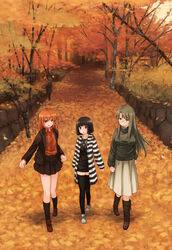  3girls akatsuki_miho akemiho_tabi_nikki autumn autumn_leaves bad_id bad_pixiv_id black_hair black_socks black_thighhighs blush boots brown_eyes brown_hair closed_mouth collarbone fukube_tamaki full_body gendai_ninjakko_zukan glasses hair_between_eyes kneehighs kouno_hikaru long_hair long_sleeves looking_at_another multiple_girls open_mouth orange_hair oribe_shiori outdoors red_eyes short_hair skirt smile socks thighhighs tree walking 