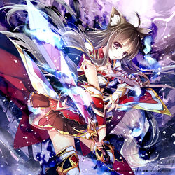  animal_ears armor armored_dress belt black_hair boots breasts cat_ears cleavage cloud cloudy_sky commentary_request female gauntlets gradient_hair kidatsu!_dungeons_lord lightning long_hair medium_breasts mochizuki_shiina multicolored_hair open_mouth original overskirt photoshop_(medium) pink_eyes shirt silver_hair skirt sky solo storm sword thigh_boots thighhighs very_long_hair weapon zettai_ryouiki 