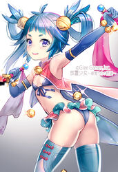  aqua_thighhighs armpits ass asymmetrical_hair bell blue_gloves breasts commentary_request company_name copyright_name dagger dual_wielding elbow_gloves female gloves gradient_background hair_bell hair_ornament hair_rings holding holding_weapon houchi_shoujo jingle_bell knife looking_at_viewer looking_back official_art open_mouth purple_eyes reverse_grip short_hair_with_long_locks small_breasts smile solo tamaki_mitsune teeth thick_eyebrows thighhighs twisted_torso watermark weapon 