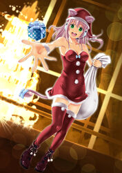  animal_ears bag bare_shoulders blush box breasts cat_ears cat_tail christmas commentary_request female ganari_ryuu gift gift_box green_eyes hat headphones headset highres large_breasts long_hair looking_at_viewer open_mouth original pink_hair pom_pom_(clothes) sack santa_costume santa_hat smile solo super_tama_musume tail tamatoys thighhighs twintails 