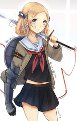  bad_id bad_pixiv_id blonde_hair blue_eyes cardigan female gauntlets midriff_peek navel original school_uniform scrunchie serafuku shield short_hair solo sword thighs translated umasanjin weapon 