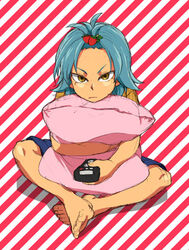  1boy barefoot blue_hair commentary_request hair_ornament inazuma_eleven_(series) inazuma_eleven_go kariya_masaki long_hair lowres male_focus photoshop_(medium) riho sitting solo yellow_eyes 