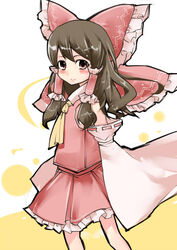  blush bow brown_hair commentary_request detached_sleeves female hair_ribbon hairbow hakurei_reimu japanese_clothes miko red_bow ribbon solo tenko_(gintenko) touhou 