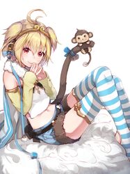  :3 absurdres andira_(granblue_fantasy) animal animal_ears antenna_hair bell blonde_hair blue_bow blue_shorts blush bow brown_eyes brown_fur closed_mouth commentary_request crossed_legs cutoffs denim denim_shorts ear_ribbon erune female fingers_together from_side fur_collar fur_trim granblue_fantasy hair_between_eyes hairband highres jingle_bell looking_at_viewer looking_to_the_side midriff monkey monkey_ears monkey_tail mugcup multicolored_hair navel pom_pom_(clothes) red_eyes short_hair short_shorts shorts sitting smile solo stomach striped_clothes striped_thighhighs tail tail_bow tail_ornament thighhighs tsurime two-tone_hair 