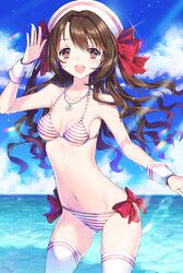  anchor bikini breasts brown_eyes brown_hair commentary_request female half_updo hat idolmaster idolmaster_cinderella_girls jewelry long_hair necklace ocean one_side_up open_mouth outdoors sailor_hat shimamura_uzuki small_breasts smile solo soriya striped_bikini striped_clothes summer swimsuit thighhighs white_thighhighs 