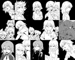  6+boys beta_(inazuma_eleven) cameo closed_eyes commentary_request crossover female gakuran gamma_(inazuma_eleven) greyscale grin headband inazuma_eleven inazuma_eleven_(series) inazuma_eleven_go jacket kageyama_hikaru kariya_masaki kirino_ranmaru kiyama_hiroto lightning_bolt_symbol matsukaze_tenma monochrome multiple_boys nishizono_shinsuke open_mouth photoshop_(medium) profile protocol_omega raimon riho school_uniform smile the_genesis track_jacket tsurugi_kyousuke v 