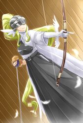  alternate_costume alternate_hairstyle angewomon archery arrow_(projectile) bad_id bad_pixiv_id blonde_hair bow_(weapon) chicago-x covered_eyes digimon digimon_(creature) digimon_adventure feathers female gloves hakama hakama_skirt head_wings helmet highres japanese_clothes kyuudou long_hair low-tied_long_hair muneate o-ring partially_fingerless_gloves ponytail single_glove skirt solo very_long_hair weapon winged_gloves wings yugake 