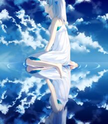  achiki barefoot blue_eyes blue_sky cloud commentary_request day dress female hair_ornament long_hair original parted_lips profile reflection ripples salar_de_uyuni shade sitting sky sleeveless sleeveless_dress soles solo tears triangle wariza water water_world 