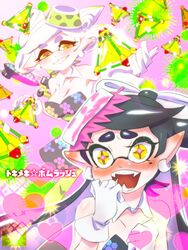  +_+ 2girls black_dress black_hair blush bomb_rush_(splatoon) callie_(splatoon) chichi_band commentary_request detached_collar dress earrings fangs food food_on_head gloves grey_hair grin heart hero_charger_(splatoon) inkling jewelry long_hair marie_(splatoon) mole mole_under_eye multiple_girls object_on_head open_mouth pantyhose pointy_ears short_dress short_hair smile sparkle splat_bomb_(splatoon) splatoon_(series) splatoon_1 strapless strapless_dress tentacle_hair translated white_gloves yellow_eyes yuri 