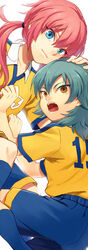  2boys aqua_hair blue_eyes commentary_request inazuma_eleven_(series) inazuma_eleven_go kariya_masaki kirino_ranmaru lightning_bolt_symbol long_hair looking_back male_focus multiple_boys open_mouth photoshop_(medium) pink_hair raimon riho soccer_uniform sportswear twintails white_background yellow_eyes 