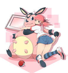  ass badge blue_eyes breasts commentary_request denim denim_shorts female frown hair_ornament hairclip highres horns hug kneeling large_breasts long_hair miltank pink_eyes pink_hair poke_ball poke_ball_(basic) pokemon pokemon_(creature) pokemon_hgss shorts sitting socks striped_clothes striped_socks tail tears tm_(hanamakisan) udder whitney_(pokemon) 