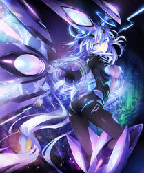  arched_back ass blue_eyes blue_hair bodysuit breasts building cityscape female gloves hair_between_eyes headgear highres imageboard_desourced long_hair looking_at_viewer looking_back magic_circle magical_girl mechanical_wings medium_breasts neon_trim neptune_(series) next_purple non-web_source official_art open_mouth outstretched_arm purple_hair purple_heart_(neptunia) shin_jigen_game_neptune_vii solo standing symbol-shaped_pupils tsunako twintails very_long_hair wings 