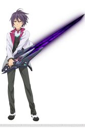  1boy amagiri_ayato dengeki full_body gakusen_toshi_asterisk holding holding_sword holding_weapon kawakami_tetsuya official_art purple_eyes purple_hair school_uniform simple_background solo sword weapon white_background 