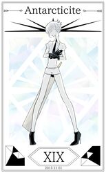  1other androgynous antarcticite bare_legs belt black_footwear black_gloves black_necktie border character_name closed_mouth cojima collared_shirt commentary_request dated full_body gem_(symbol) gem_uniform_(houseki_no_kuni) gloves high_heels houseki_no_kuni legs_apart looking_at_viewer necktie other_focus pale_skin profile roman_numeral shirt shoes short_hair short_sleeves shorts solo standing uniform weapon white_hair white_shirt white_shorts 