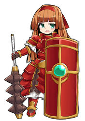  aqua_eyes armor armored_dress blunt_bangs brown_hair club_(weapon) commentary_request female full_body gauntlets headband long_hair looking_at_viewer nemui_(nemui) planted rean_(sennen_sensou_aigis) red_footwear red_headband sennen_sensou_aigis shield solo spiked_club standing weapon 