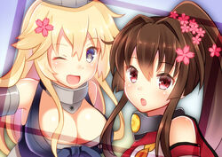  2girls :o ;d blonde_hair blue_eyes border breasts brown_hair commentary_request flower hair_flower hair_ornament iowa_(kancolle) kantai_collection large_breasts long_hair multiple_girls one_eye_closed open_mouth ponytail red_eyes smile star-shaped_pupils star_(symbol) suzumia_(daydream) symbol-shaped_pupils yamato_(kancolle) 