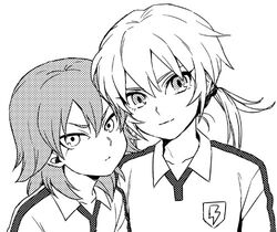  2boys commentary_request greyscale inazuma_eleven_(series) inazuma_eleven_go kariya_masaki kirino_ranmaru lightning_bolt_symbol looking_at_viewer lowres male_focus monochrome multiple_boys photoshop_(medium) raimon riho simple_background soccer_uniform sportswear twintails upper_body white_background 