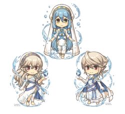  1boy 2girls aged_down aqua_hair asymmetrical_legwear azura_(fire_emblem) azura_(young)_(fire_emblem) bad_id bad_pixiv_id barefoot chibi corrin_(female)_(adrift)_(fire_emblem) corrin_(female)_(fire_emblem) corrin_(fire_emblem) corrin_(male)_(adrift)_(fire_emblem) corrin_(male)_(fire_emblem) dress elbow_gloves fingerless_gloves fire_emblem fire_emblem_fates fire_emblem_heroes gloves komainu_nekotarou long_hair multiple_girls pointy_ears red_eyes short_hair sidelocks simple_background sleeveless sleeveless_dress standing stone uneven_legwear veil water white_background white_dress white_gloves white_hair yellow_eyes 