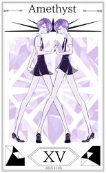  2others amethyst_(houseki_no_kuni) androgynous bare_arms bare_legs black_footwear black_necktie black_shorts border braid character_name closed_mouth cojima collared_shirt commentary_request dated full_body gem_(symbol) gem_uniform_(houseki_no_kuni) hair_over_one_eye holding_hands houseki_no_kuni interlocked_fingers legs_apart looking_at_viewer monochrome multiple_others necktie one_eye_covered other_focus profile purple_hair purple_theme roman_numeral shirt shoes short_hair short_sleeves shorts siblings smile standing suspender_shorts suspenders twins uniform white_shirt 