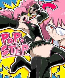  ass back bare_shoulders bat_wings bodysuit boku_no_hero_academia boots bow center_opening character_name commentary_request female glasses haneyama_kazuho highres long_hair mask microphone nasubino one_eye_closed open_mouth pink_hair red_eyes solo star_(symbol) teeth thong tongue twintails vigilante_-boku_no_hero_academia:_illegals- wings 