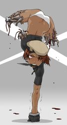  amputee android beret blood brown_hair commentary_request dark-skinned_female dark_skin female gloves guro handstand hat knife knife_in_mouth missing_limb momo_tai mouth_hold no_pants one_arm_handstand original panties short_hair solo triple_amputee underwear upside-down white_panties 