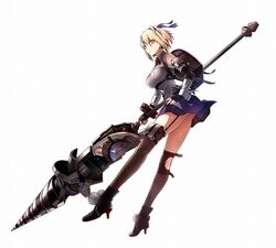  ankle_boots archived_source ass asymmetrical_legwear backpack bad_link bag bare_shoulders black_gloves blonde_hair blue_skirt boots bow bracelet breasts claire_victorious detached_collar drill female fingerless_gloves fingernails from_side full_body garter_straps gloves god_eater god_eater_3 hairbow hand_on_own_hip high_heels holding holding_weapon jewelry kurumi_kobayashi lance long_legs looking_at_viewer medium_breasts official_art parted_lips pink_eyes polearm pom_pom_(clothes) simple_background skirt solo strapless thighhighs thighs uneven_legwear upskirt weapon white_background zettai_ryouiki 